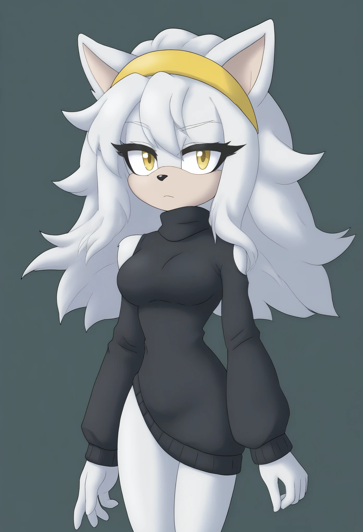 (1girl), (solo), Female wolf, brownish fur, long hair, white highlights, 3 large hair bangs, (side locks/quills over shoulders), yellow eyes, white patches of fur around eyes, (medium breasts), (black sweater), turtleneck, yellow headband, light skin colored muzzle and inner ears, eyelashes, expressionless, daytime, mobian, mobius city