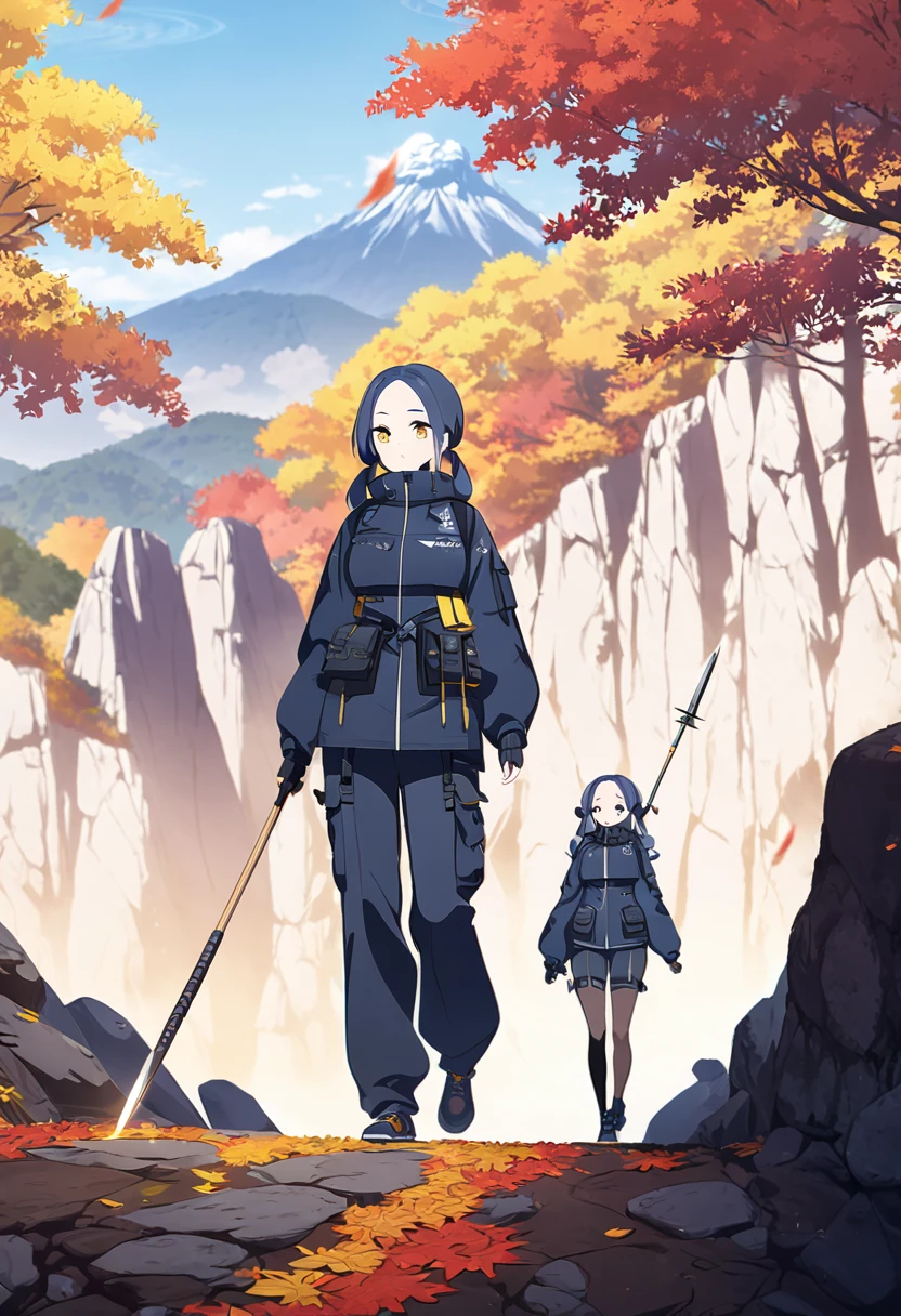 (One very tall woman,Navy Blue Hair,Her hairstyle is twin tails that expose her forehead.,Medium chest,yellow eyes)Woman holding a Japanese spear in one hand,Techwear,The background is a hiking trail with autumn leaves on the mountain