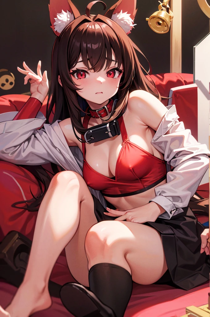 young furry cute little bunny girl with long messy brown hair, RED eyes, wearing a black and red Japanese , wearing a pink pet collar