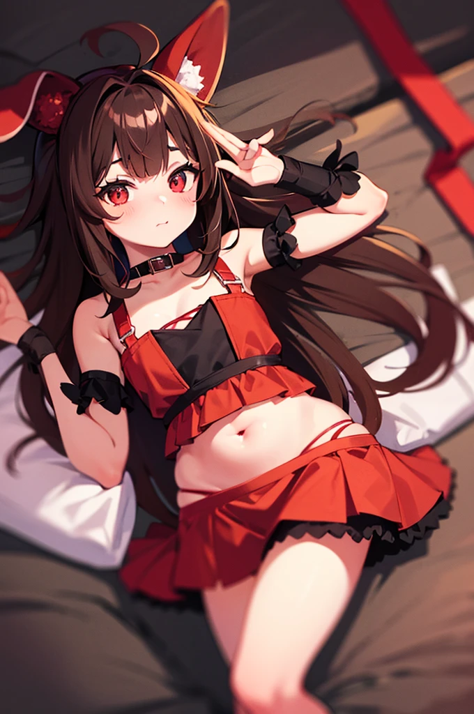 young furry cute little bunny girl with long messy brown hair, RED eyes, wearing a black and red Japanese , wearing a pink pet collar