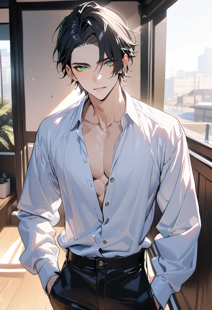 一个现代Handsome哥,25-year-old male,Black Hair,Green eyes,short hair,No bangs,Show forehead,Middle parted hair,young people,Dynamic Hair,Delicate face,Bright Eyes,Gem Eyes, Extremely detailed eyes, Handsome,Handsome,White skin,Single photo,Upper body photo from thigh up,Handsome哥,Handsome face,masterpiece,HD,masterpiece,Sense of division,a beautiful man,Exquisite eyes,Carefully sculpted hair,Rich in details,Standinging in front of a white background,Handsome哥,juvenile,blond,short hair,Handsome face,Handsome,Handsome,超级Handsome哥,White skin,Fair skin,Handsome哥,Handsome face,Pretty Face,indifferent的表情,Reflective hair,Shiny hair,现代都市Handsome哥,Modern Clothing,Fashion,Casual jacket,trend,Handsome,upright,Standing,front,Moderate,Direct vision,Eye height,Wearing a white coat,Black pants,front面貌,front,Stay away from the camera,whole body,High cold temperament,Shoulder height,front面貌直面镜头,(whole body照片),whole body,Imagine,blond,cold face,indifferent,cold,Don't laugh,Residence,poker face,4K, ((masterpiece)),((best quality)),((High Detail)),((Practical,)) ((best quality)), ((masterpiece)), ((Practical)),high resolution, ((Intricate details)), Very detailed,masterpiece, best quality, (Very detailed CG unity 8k wallpaper), (best quality), (Best Illustration Award), (Best shadow),,Ray Tracing, Very detailed