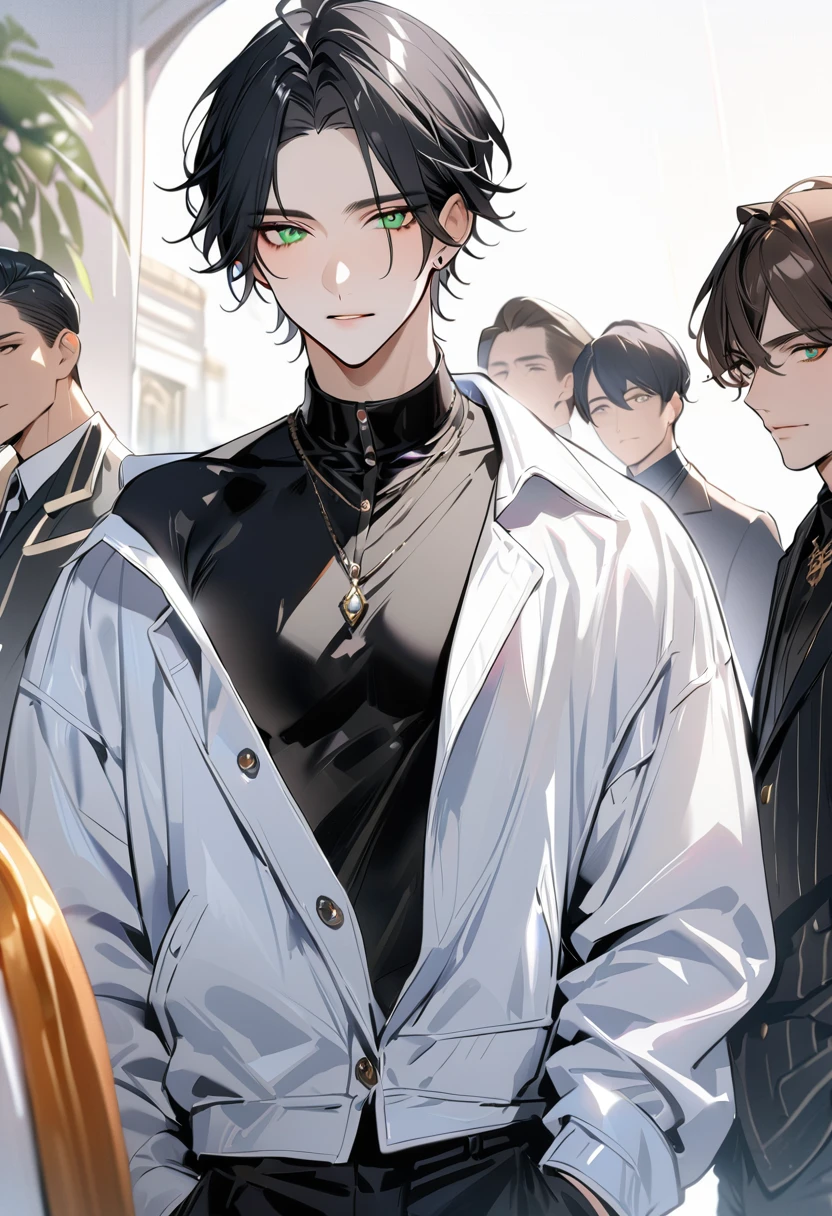 一个现代Handsome哥，25-year-old male，Black Hair，Green eyes，short hair，No bangs，Show forehead，Middle parted hair，young people，Dynamic Hair，Delicate face，Bright Eyes，Gem Eyes， Extremely detailed eyes， Handsome，Handsome，White skin，Single photo，Upper body photo from thigh up，Handsome哥，Handsome face，masterpiece，HD，masterpiece，Sense of division，a beautiful man，Exquisite eyes，Carefully sculpted hair，Rich in details，Standinging in front of a white background，Handsome哥，juvenile，blond，short hair，Handsome face，Handsome，Handsome，超级Handsome哥，White skin，Fair skin，Handsome哥，Handsome face，Pretty Face，indifferent的表情，Reflective hair，Shiny hair，现代都市Handsome哥，Modern Clothing，Fashion，Casual jacket，trend，Handsome，upright，Standing，front，Moderate，Direct vision，Eye height，Wearing a white coat，Black pants，front面貌，front，Stay away from the camera，whole body，High cold temperament，Shoulder height，front面貌直面镜头，（whole body照片），whole body，Imagine，blond，cold face，indifferent，cold，Don't laugh，Residence，poker face，4K, ((masterpiece)),((best quality)),((High Detail)),((Practical,)) ((best quality)), ((masterpiece)), ((Practical))，high resolution, ((Intricate details)), Very detailed,masterpiece, best quality, (Very detailed CG unity 8k wallpaper), (best quality), (Best Illustration Award), (Best shadow),,Ray Tracing, Very detailed