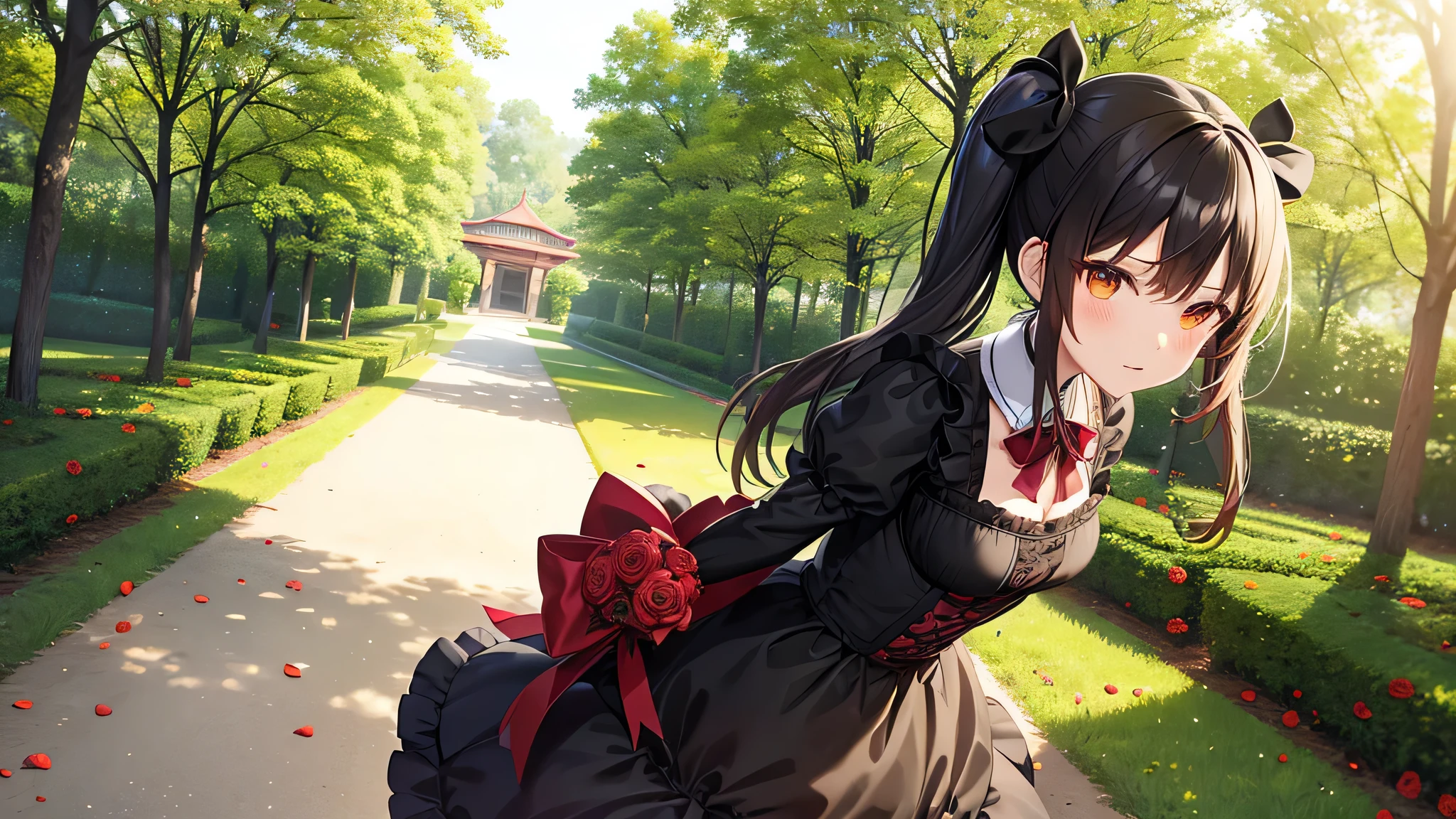 Anime Characters，individual，Midday sun shining on the woods，A girl with dark green twin ponytails stands beside a rose garden and bends down，Hand holding a bouquet of roses，Girl wearing black gothic lolita outfit， Gothic lolita outfit with red patterns and rose petals