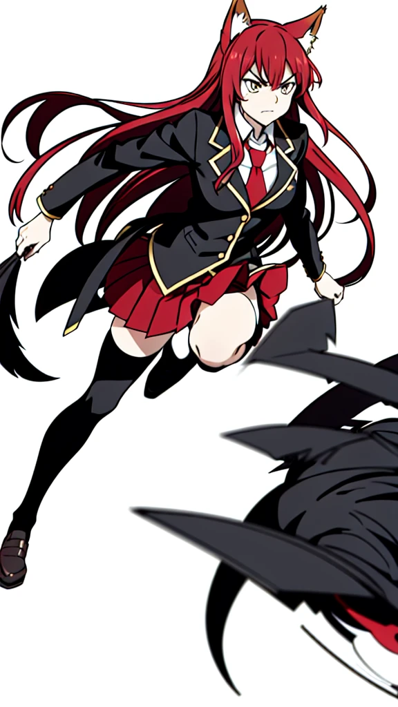 1girl ,20s,mature female,angry face,(red hair),long hair,fox ears,(white background, line drawing),necktie,black jacket, blazer,long sleeves, skirt,pleated skirt,thighhighs, upper body