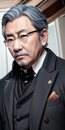  A 50 year-old Asian man in gray steampunk clothes, wide face, gray hair, serious face;  wearing dark Victorian clothes, dark blue coat, glasses