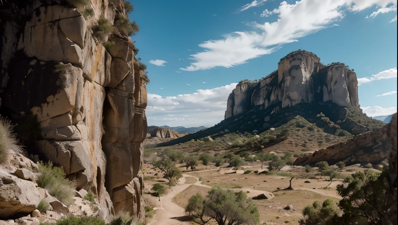 A massive vertical rock wall in a desert valley, lush green trees surrounding it, a bright blue sky with fluffy clouds above, a stunning natural climbing wall in El Chorro, Malaga, high contrast, vivid colors, (best quality,4k,8k,highres,masterpiece:1.2),ultra-detailed,(realistic,photorealistic,photo-realistic:1.37),landscape,dramatic lighting,stunning vista,rugged terrain,rocky outcrop,arid environment,rugged cliffs,sun-dappled foliage,dramatic shadows,dramatic clouds,serene atmosphere