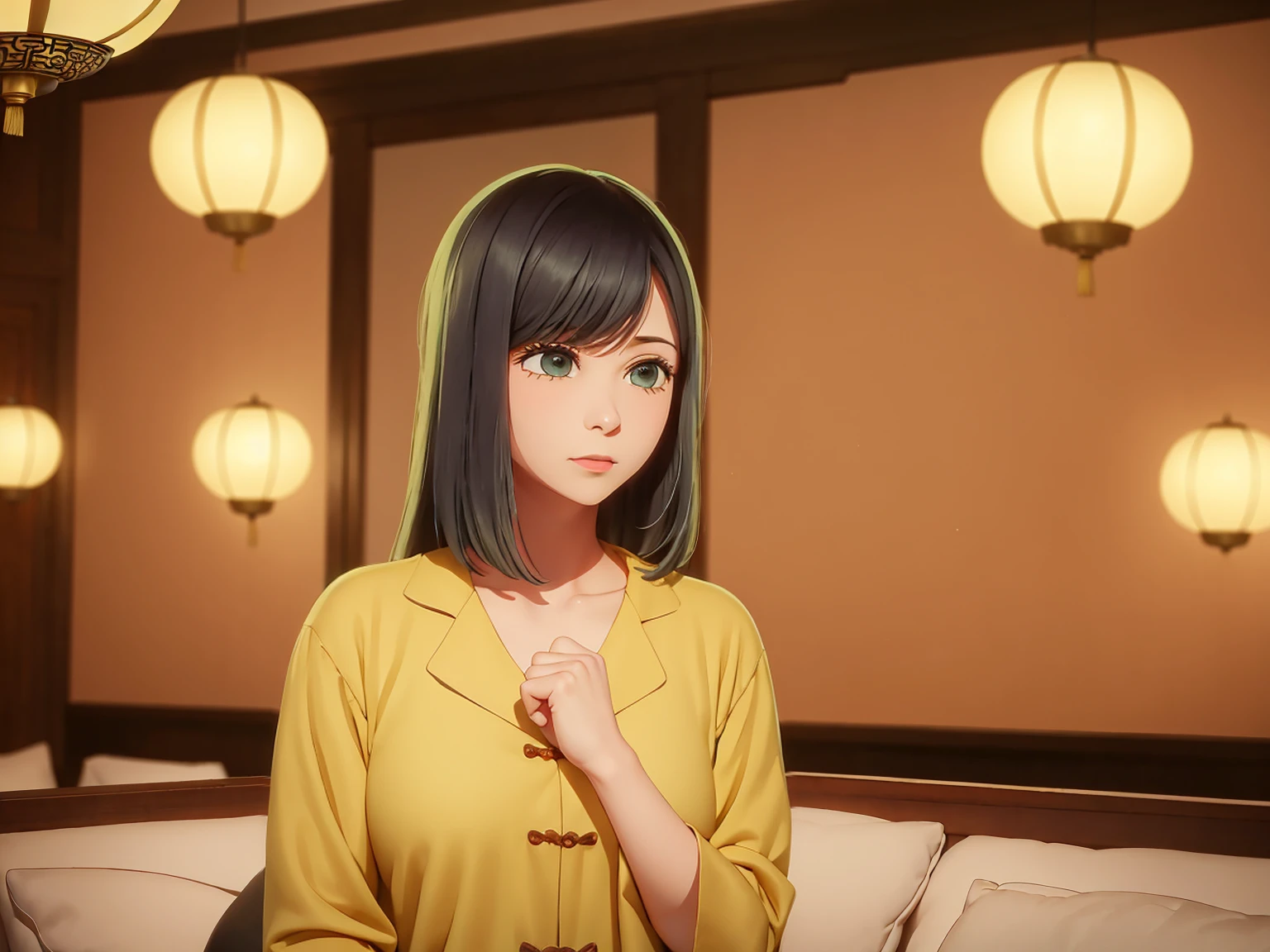 Imperial court in ancient China.anime style,HD,8k,masterpiece,best quality,(ancient style:1.2),1mature female(40year old),with long hair, black hair, black eyes, pajamas, yellow pajamas, (weak, shocked), looking at the only baby in the room.