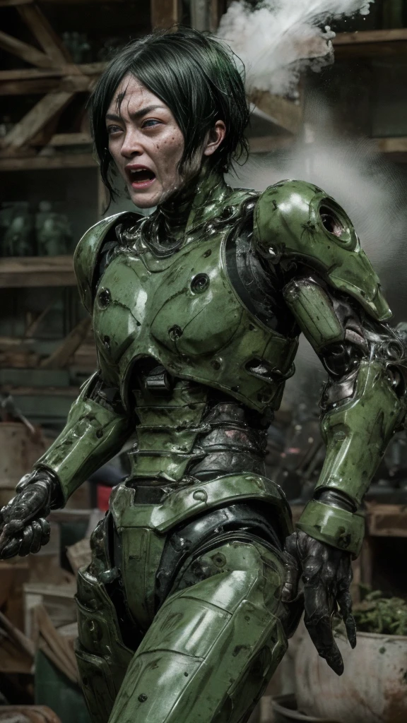 Rough skin, Very detailed, Advanced Details, high quality, 最high quality, High resolution, 1080P 、Bleeding from the wound、Sexy Eyes、Wearing green and black、cute((The whole body is sweating))(Equipped with a damaged battle suit....)(Dark green armor)(Broken Armor)Black Hair、Chiquita、short hair、Open your mouth、Painful expression、It hurts again、Healthy Skin、40-year-old woman　　(Steam coming out of the face) ((Steam from the body)) 　Unable to fight　Severe attacks　　Normal face　freckles　Full-body portrait with no exposed skin