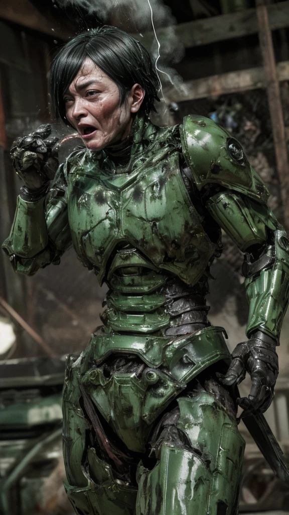 Rough skin, Very detailed, Advanced Details, high quality, 最high quality, High resolution, 1080P 、Bleeding from the wound、Sexy Eyes、Wearing green and black、cute((The whole body is sweating))(Equipped with a damaged battle suit....)(Dark green armor)(Broken Armor)Black Hair、Chiquita、short hair、Open your mouth、Painful expression、It hurts again、Healthy Skin、40-year-old woman (Steam coming out of the face) ((Steam from the body)) Unable to fight Severe attacks Normal face freckles Full-body portrait with no exposed skin