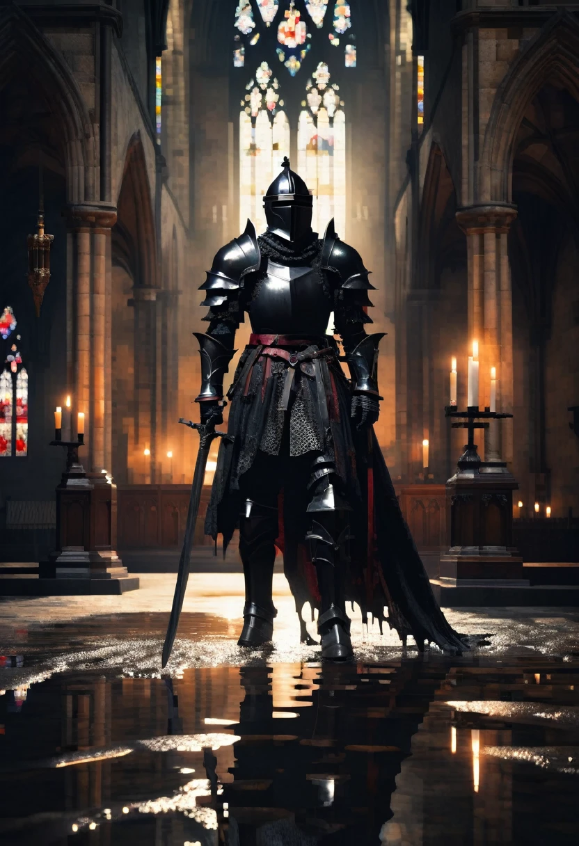 gothic black knight standing inside a gothic church, wet stone, puddles, infinite vaults, bloodborne, dramatic light, low key, candle light