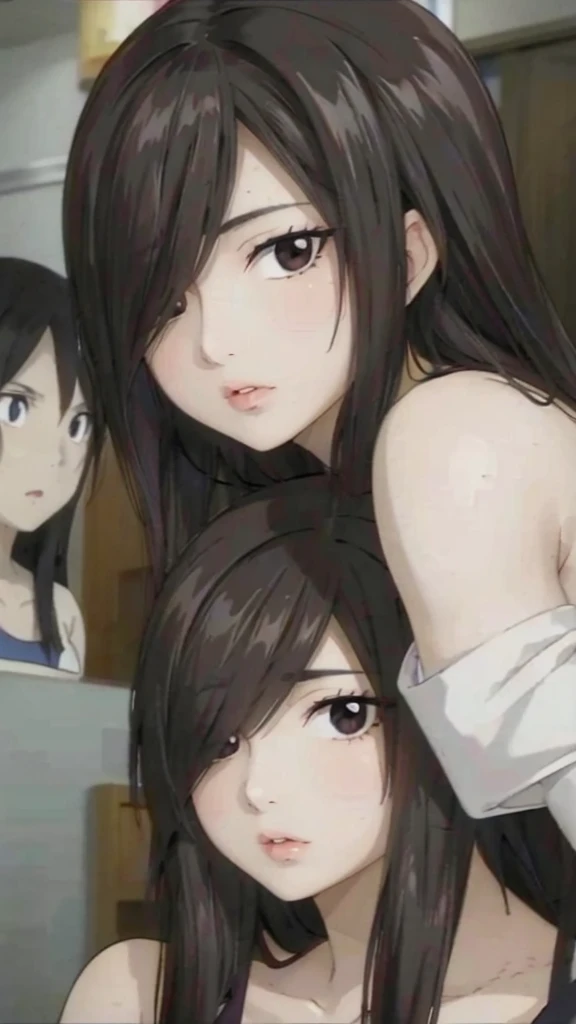 Mommy with 4 daughter,black hair, long hair, (hair over one eye:1.4), messy hair, hair between eyes, chubby cheek,Sexy lips, pucker lips