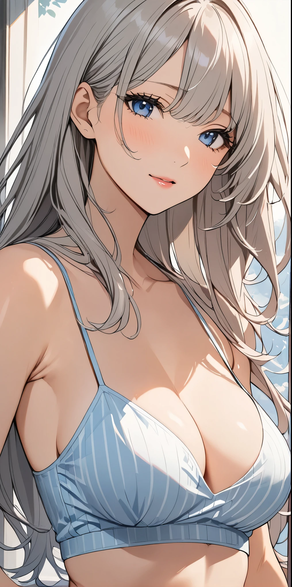  female，silver hair，blue eyes，short camisole，crop shirt，long hair，breast，half closed eyes，white，Art， anime，illustration