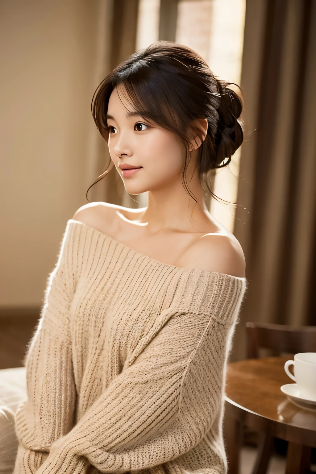 "Create a photorealistic image of a young woman with a gentle and warm expression. She has soft, shoulder-length hair styled in a casual ponytail to one side. The woman is wearing a comfortable, loose-fitting sweater that drapes elegantly off her shoulder, suggesting a relaxed, homely setting. The image captures her in a well-lit, cozy interior space that adds to the inviting and serene atmosphere. Attention to detail is key, with subtle textures on the sweater and a soft, natural look to her complexion and hair."