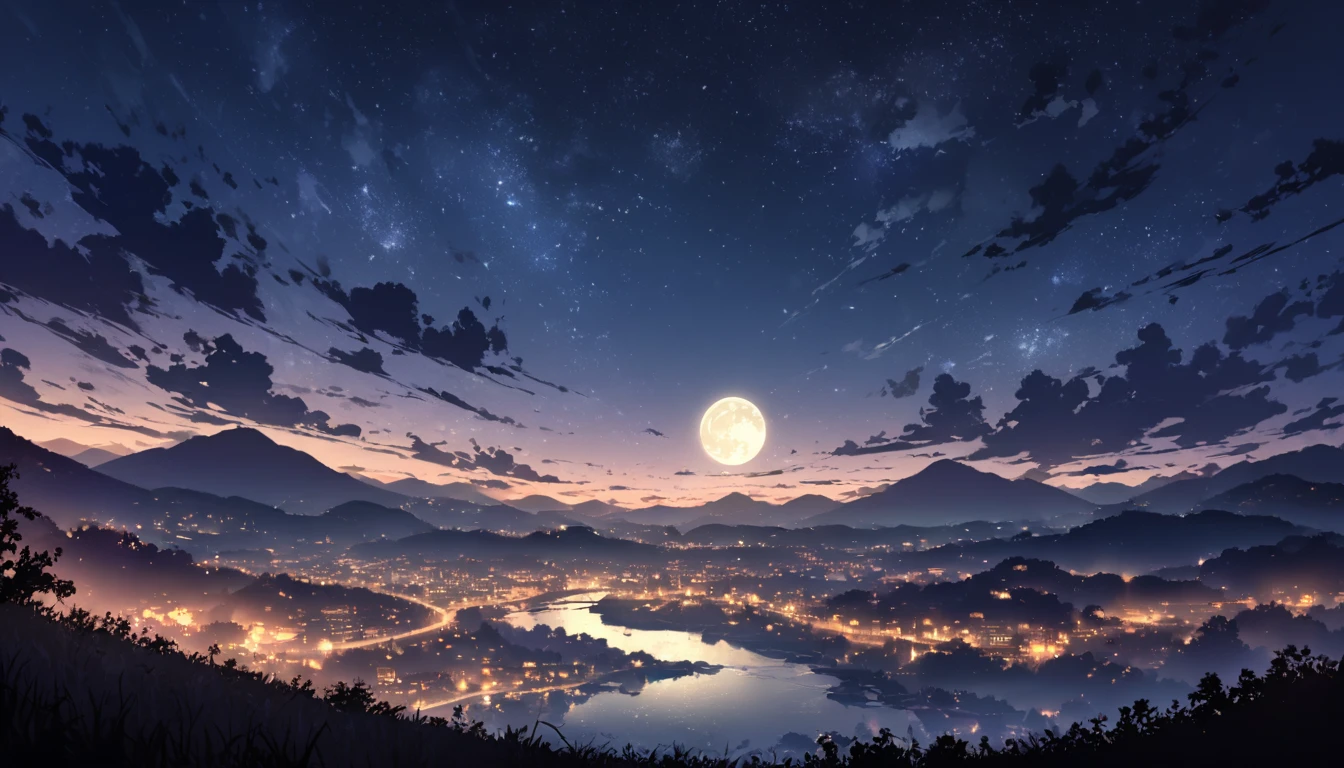 1 male, night, night景, landscape, moon