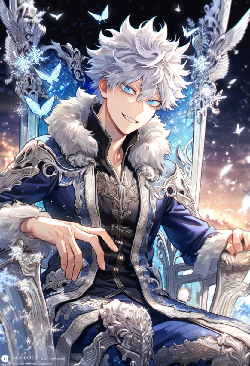 absurdres, highres, ultra detailed, HDR, master piece, best quality, extremely detailed face, delicated features, Gojou Satoru, white hair, messy hair, hair between the eyes, expressive blue eyes, white eyelashes, Boku No Hero Academia, sexy man, solo, handsome, smiling, blue jacket with fur, black shirt, fantasy, magical, ice, ice butterflies, snowflakes, starry night, sitting on a ice throne