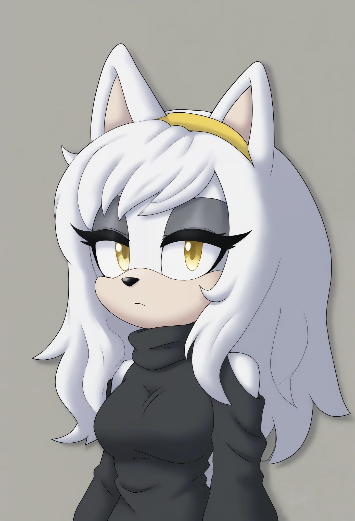(1girl), (solo), Female wolf, brownish fur, long hair, white highlights, 3 large hair bangs, (side locks/quills over shoulders), yellow eyes, white patches of fur around eyes, (medium breasts), (black sweater), turtleneck, yellow headband, light skin colored muzzle and inner ears, eyelashes, expressionless, daytime, mobian, mobius city