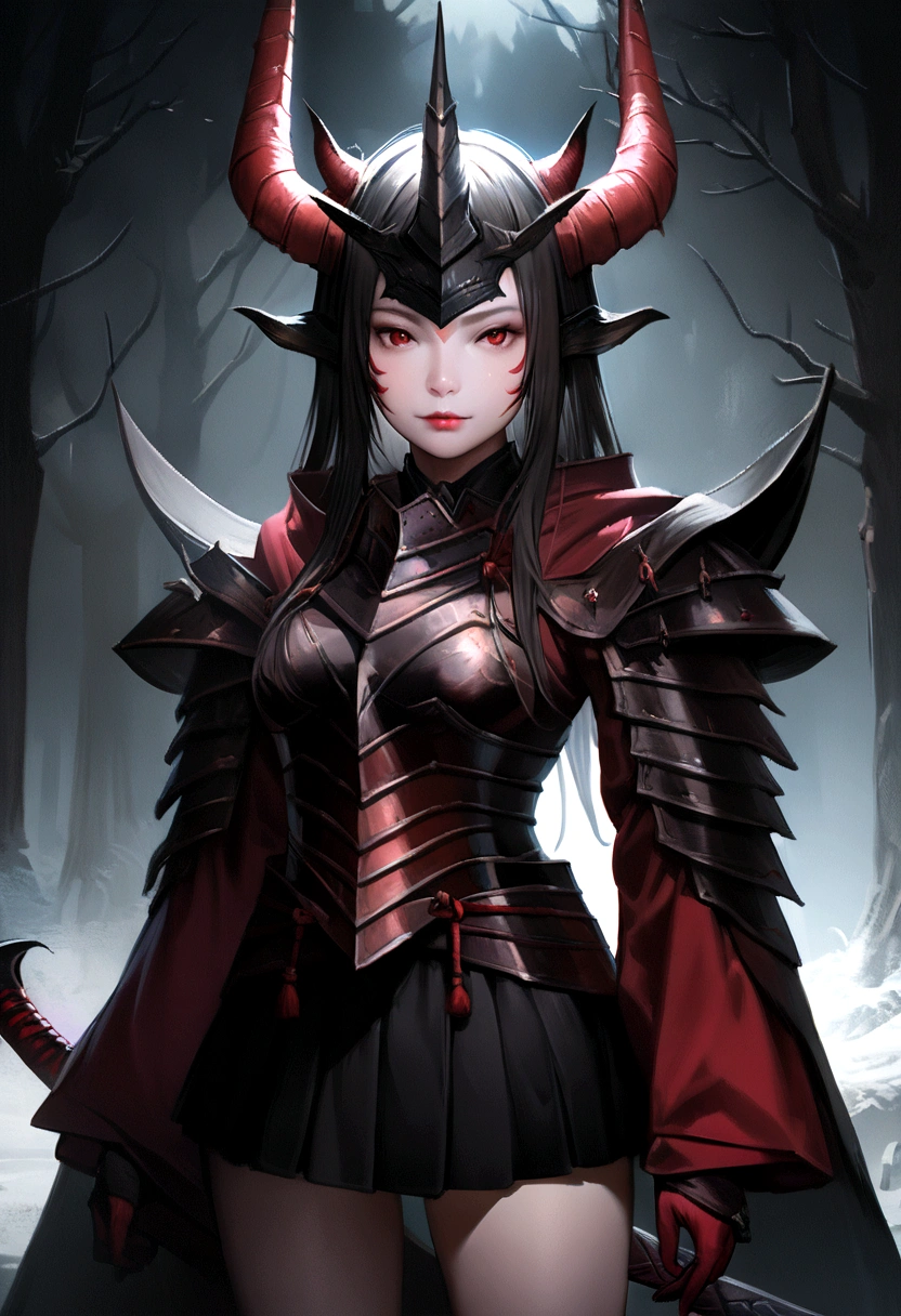 Highest quality、masterpiece、Ultra-high resolution、(Realism:1.4)、Raw photo(Thin legs) (Perfect figure)、Close-up of a person in a costume with horns in the woods, Portrait of the devil, Japanese Samurai Armor, epic fantasy game art, She is wearing Daedric Armor and a skirt., Demon Horns, Demon Armor, Demon King, Horned God,Beautiful Women 20Portrait of an old、Red tattoo on the forehead and cheeks of the face、Deep Shadow、Low Key、Cold light 12000K