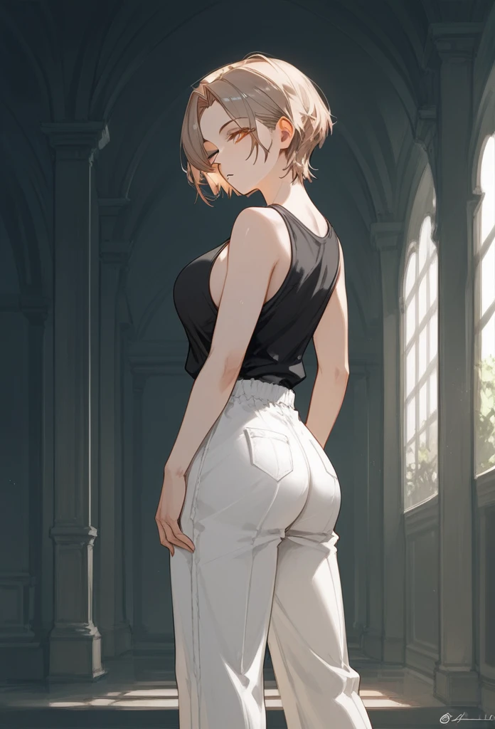masterpiece, Score_9, Score_8_up, Score_7_up, rear view, 1 woman, alone, black and light brown hair, very short hair, parted bangs, golden and orange eyes, half-closed eyes, parted lips, expressionless, pale skin, large breasts, many scars, one scar on one eye, the best quality, long and open bangs, black sleeveless shirt, black V-neckline, baggy pants, high heels