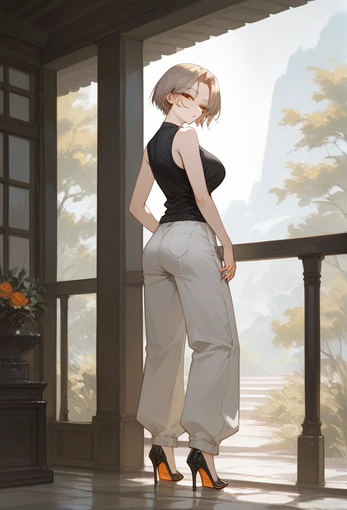 masterpiece, Score_9, Score_8_up, Score_7_up, rear view, 1 woman, alone, black and light brown hair, very short hair, parted bangs, golden and orange eyes, half-closed eyes, parted lips, expressionless, pale skin, large breasts, many scars, one scar on one eye, the best quality, long and open bangs, black sleeveless shirt, black V-neckline, baggy pants, high heels