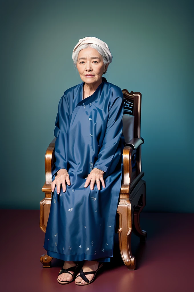 Highly realistic photo, ((masterpiece), (best quality), (raw photo), (photorealistic:1.4), The photo depicts an elderly vietnamese old woman sitting on a chair. She is wearing a dark-colored traditional long dress and a headscarf. She is wearing flip-flops and has her hands resting on her lap. The elderly woman has a kind appearance, a thin face with many wrinkles, and white hair. The background of the photo is a gradient from deep blue to light blue. The chair she is sitting on has a classic design with intricate patterns) , photo taken by Sony A7IV
