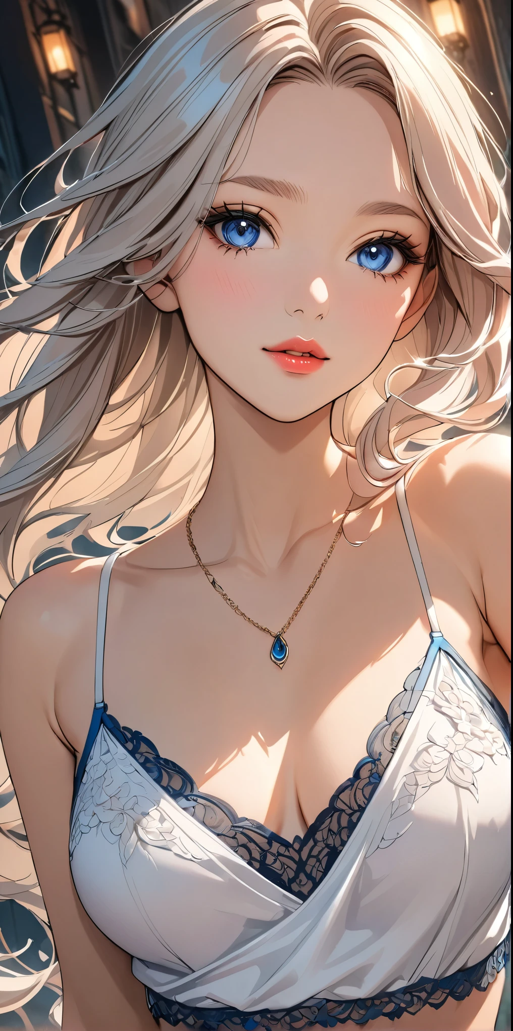 elegant young woman with long silver hair and vibrant blue eyes, wearing a short white camisole and cropped shirt, detailed face and body, beautiful detailed eyes, beautiful detailed lips, extremely detailed eyes and face, long eyelashes, illustration, anime style, highly detailed, 8K, photorealistic, masterpiece, vivid colors, soft lighting, delicate skin, flowing hair, detailed fabric textures, intricate details, dynamic pose