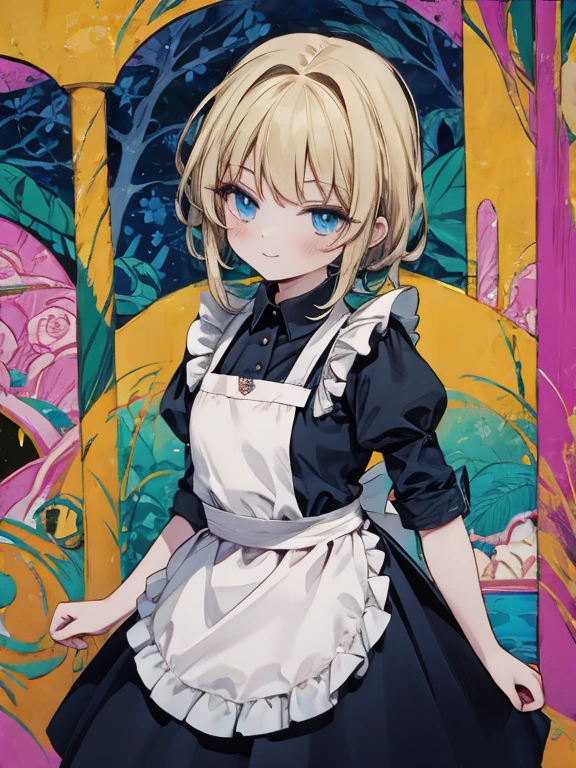 masterpiece, Highest quality, Very detailed, 16K, Ultra-high resolution, Cowboy Shot, Alice in Wonderland, (fauvism:1.4), 10-year-old girl, Detailed face, smile, blue eyes, blonde, Braiding, Long Hair, Ribbon on head, Blue clothes, Plain white apron