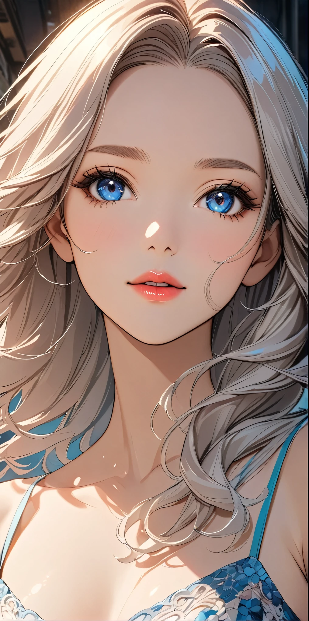 elegant young woman with long silver hair and vibrant blue eyes, wearing a short white camisole and cropped shirt, detailed face and body, beautiful detailed eyes, beautiful detailed lips, extremely detailed eyes and face, long eyelashes, illustration, anime style, highly detailed, 8K, photorealistic, masterpiece, vivid colors, soft lighting, delicate skin, flowing hair, detailed fabric textures, intricate details, dynamic pose