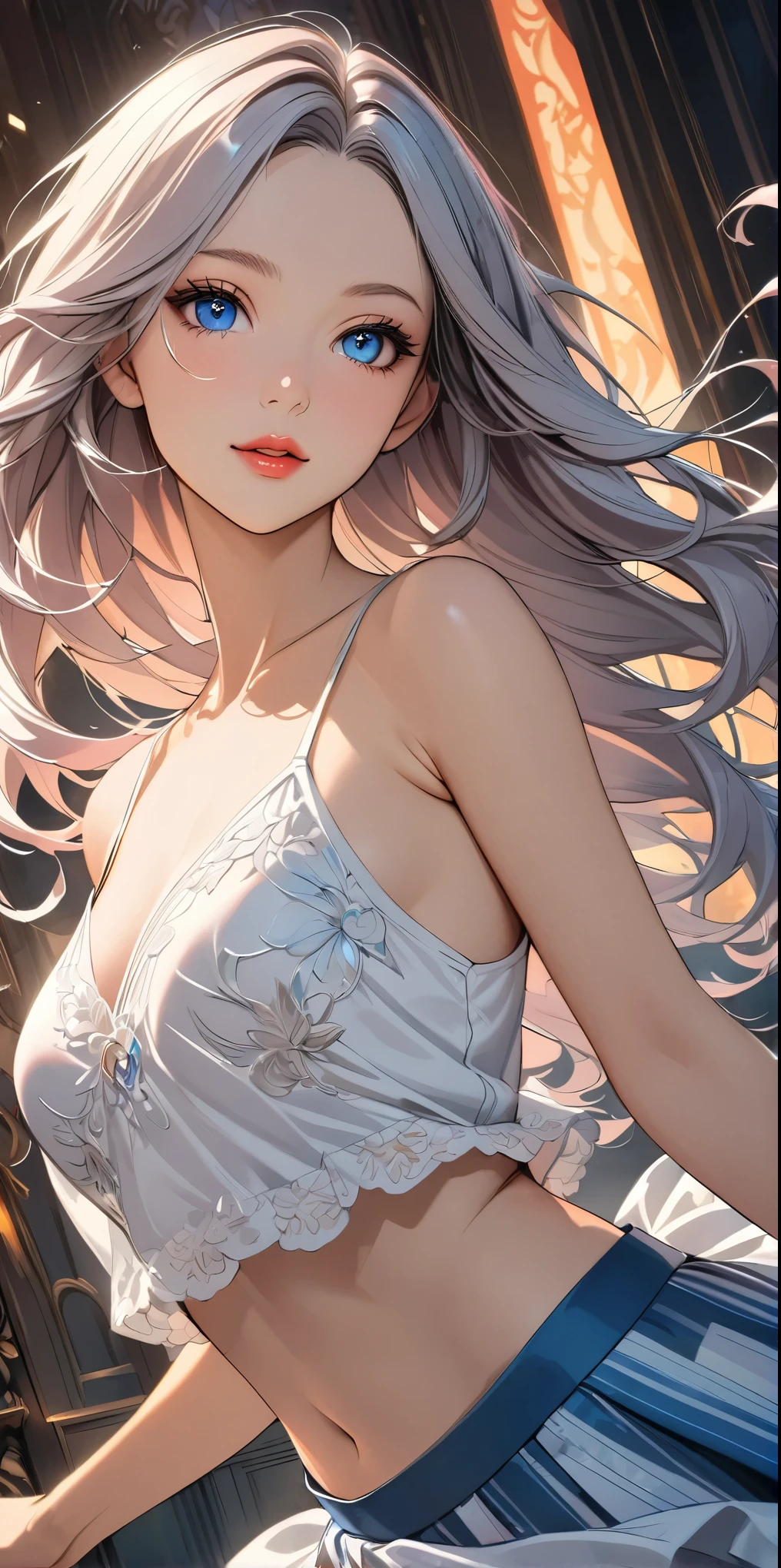 elegant young woman with long silver hair and vibrant blue eyes, wearing a short white camisole and cropped shirt, detailed face and body, beautiful detailed eyes, beautiful detailed lips, extremely detailed eyes and face, long eyelashes, illustration, anime style, highly detailed, 8K, photorealistic, masterpiece, vivid colors, soft lighting, delicate skin, flowing hair, detailed fabric textures, intricate details, dynamic pose