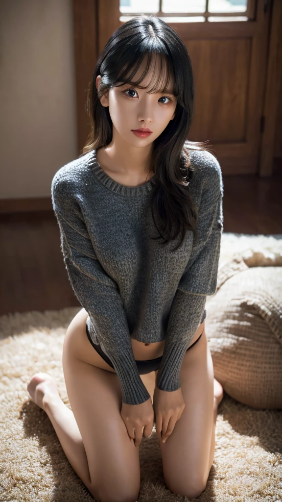half sweater, thong, sexy body, tent, kneeling, extremely detailed eyes, extremely detailed face, best quality, extremely detailed, one person, one girl, ultra-detailed, (realistic, photo-realistic:1.3)