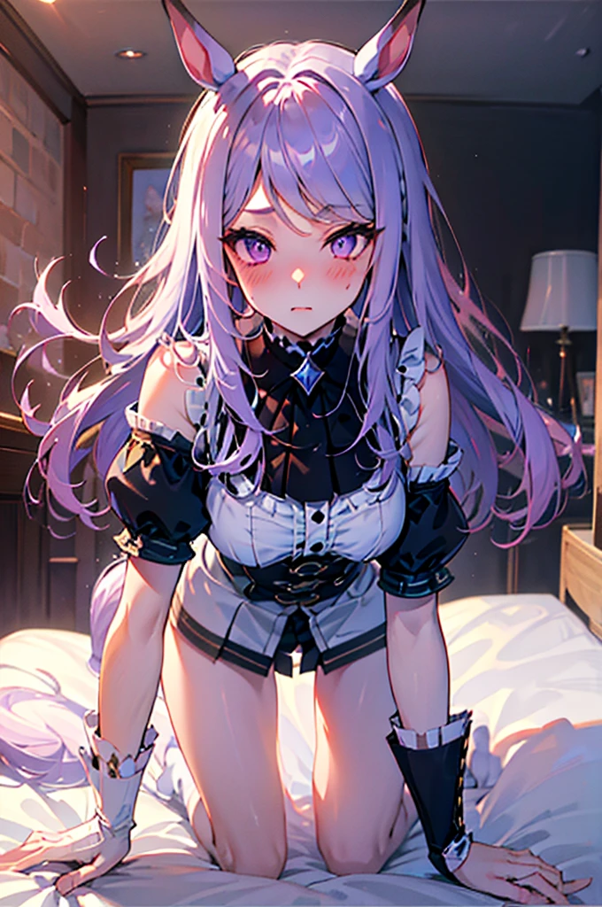 On all fours、crawl on all fours、Light purple hair、Semi-long hair、horse ear、Pale purple eyes、Blushing、Medium breast、、Blushing、Random underwear、Random erotic poses、Bedroom、On the bed、Sexy expression、、Glamorous expression、M-shaped spread legs、Glamorous expression、