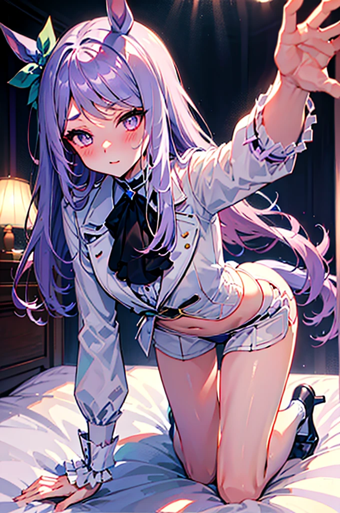 On all fours、crawl on all fours、Light purple hair、Semi-long hair、horse ear、Pale purple eyes、Blushing、Medium breast、、Blushing、Random underwear、Random erotic poses、Bedroom、On the bed、Sexy expression、、Glamorous expression、M-shaped spread legs、Glamorous expression、