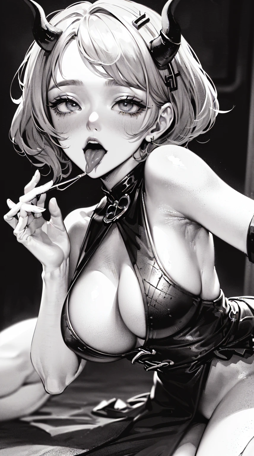 (((((((ink painting,monochromatic world, using only shades of black, white, and gray,Dark Style, grim,))))))(((cleavage dress,BDSM,))) (((saliva,tongue from mouth,blush:1.2,Veil,baggy cuffs,off shoulders))),(zentangle:1.2), (geometric:1.2), ((1girl,under-aged,amazing,sharp focus,seductive girl,solo,full body:1.2))(Masterpiece,Best quality, offcial art, Beautiful and aesthetic:1.2),((Ultra-high resolution,Golden ratio,)) (16K),((upper upper shot,close of face:1.2,focus on face:1.2,succubi,sagging breasts)),(Physically-based rendering),Sharp focus, (((highdetailskin,))),Intricately detailed clothing,Delicate pupils,heart pupils,crimson pupils,Danfeng Eye,((((detailed hair|short hair|steep bangs|Long bold side bangs|top bow)))),slender,(masterpiece sidelighting),(The sheen),(beautiful hair,beautiful eyes,)((unbelievable Ridiculous,blur background,)),((extremely_Detailed_eyes_and_face)),Movie girl,(Dynamic configuration: 1.2),Brilliant,Glossy, (Photorealistic), mitts, ((hairpin)), two-sided fabric,disheveled hair,Ultra-precise depiction, Ultra-detailed depiction, Tiefling horns, sexy poses