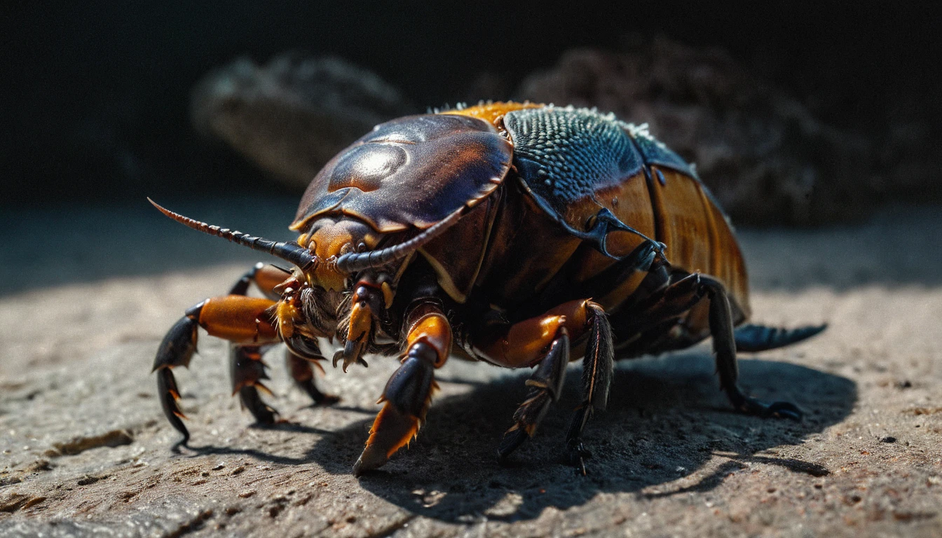 A [Hermit crab|Cockroach]-[Snake|Hercules beetle] creature, sharp teeth, long fur, highly detailed, strong colors, strong contrast, intricate details, volumetric light, (hyperdetailed), 8k hdr, lot of details, high quality, soft cinematic light, dramatic atmosphere, atmospheric perspective, subsurface scattering, transparency, Hyperrealistic, analog style, realistic, film photography, sharp focus, photography, photorealism, photorealistic, soft focus, surreal lighting, heavy shadow, Cinematic, Masterpiece, half body portrait, dramatic shadow evocative analog film noise, half body portrait, cinematic, movie still, captured in the style of Sony Alpha A7 III camera