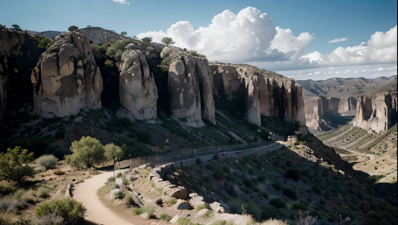 A massive vertical rock wall in a desert valley, lush green trees surrounding it, a bright blue sky with fluffy clouds above, a stunning natural climbing wall in El Chorro, Malaga, high contrast, vivid colors, (best quality,4k,8k,highres,masterpiece:1.2),ultra-detailed,(realistic,photorealistic,photo-realistic:1.37),landscape,dramatic lighting,stunning vista,rugged terrain,rocky outcrop,arid environment,rugged cliffs,sun-dappled foliage,dramatic shadows,dramatic clouds,serene atmosphere