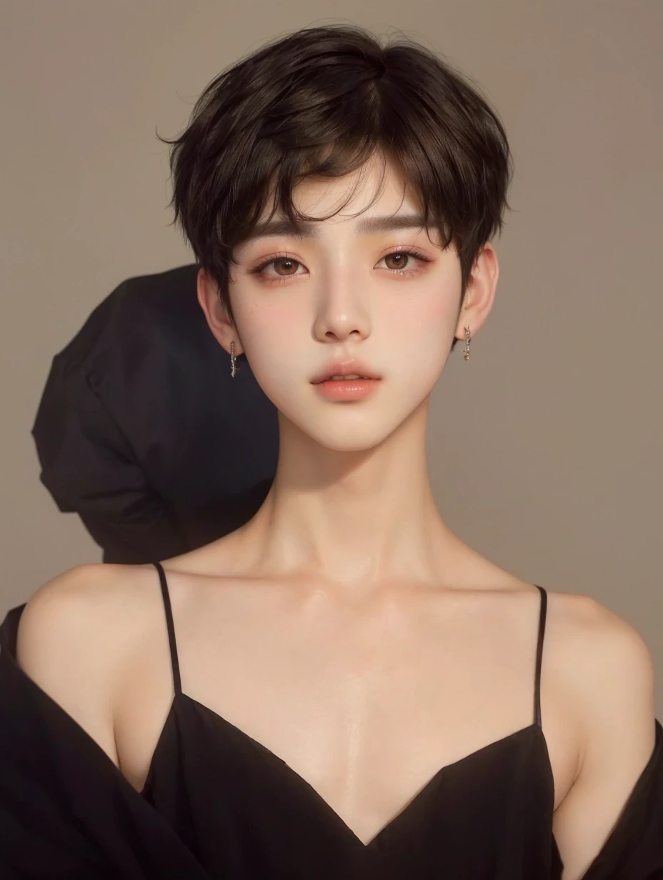 a close up of a man in a black dress and earrings, with short hair, boy cute face, short brown hair and big eyes, beautiful and thin face portrait, lindo rosto delicado, 🤤 boy portrait, with short hair with bangs, inspired by Yanjun Cheng, beautiful aesthetic face, attractive male face!!!, white hime cut hairstyle, korean male, ulzzang boy, bts jungkook.
