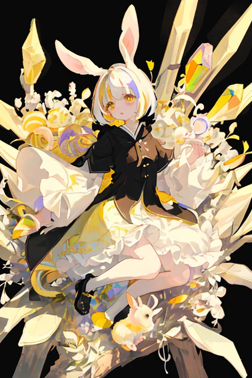  masterpiece, Highest quality、Highest quality、Delicate depiction、A crystal rabbit、Rabbit eyes yellow、Multicolored and colorful shadows、Background is black、Black background