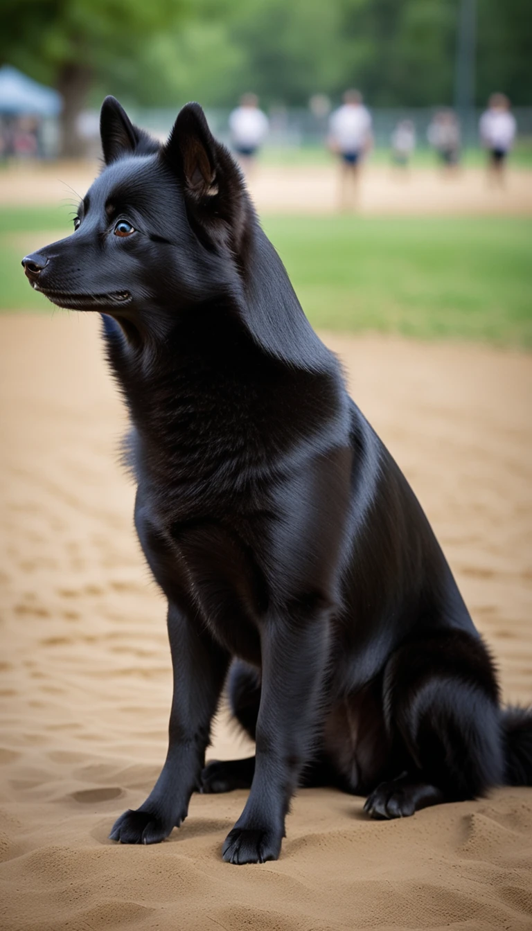 There is no one, realistic photo, photo realism, realism,Schipperke(Schipperke), perfect composition, intricate details, Very sharp, masterpiece, profile, high resolution, looking at the viewer, Full body photo in the dog park