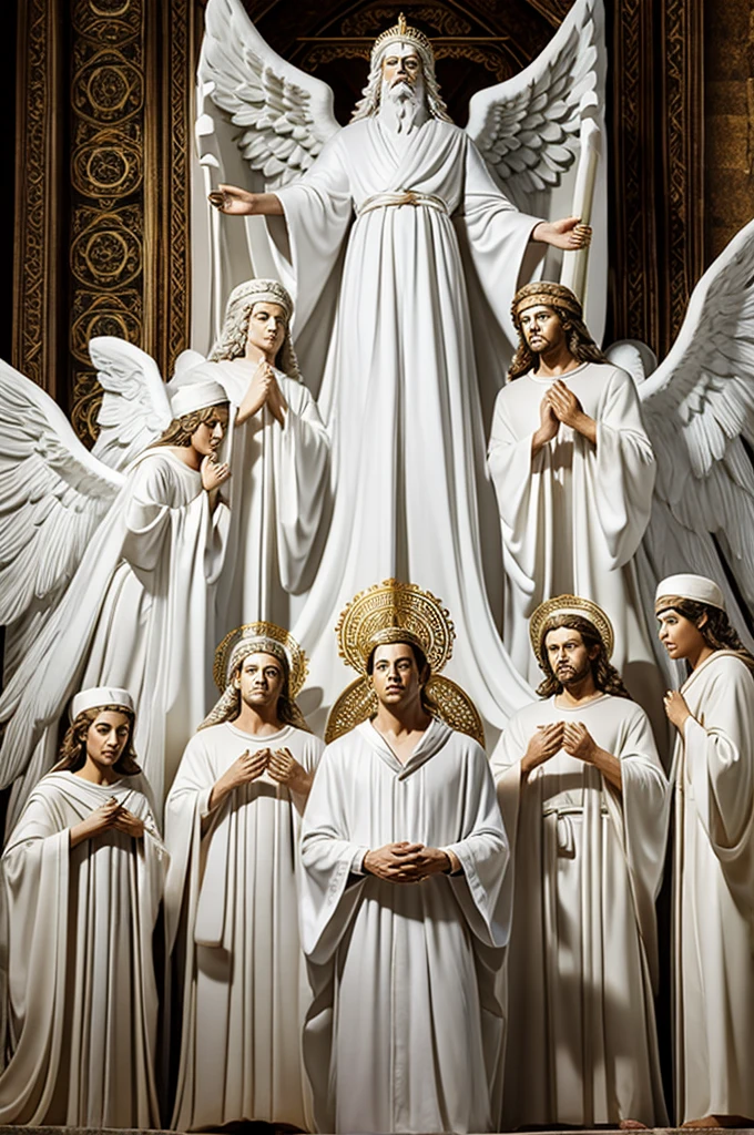 Judgment scenes in heaven, God in resplendent white robe and angels in white robes around