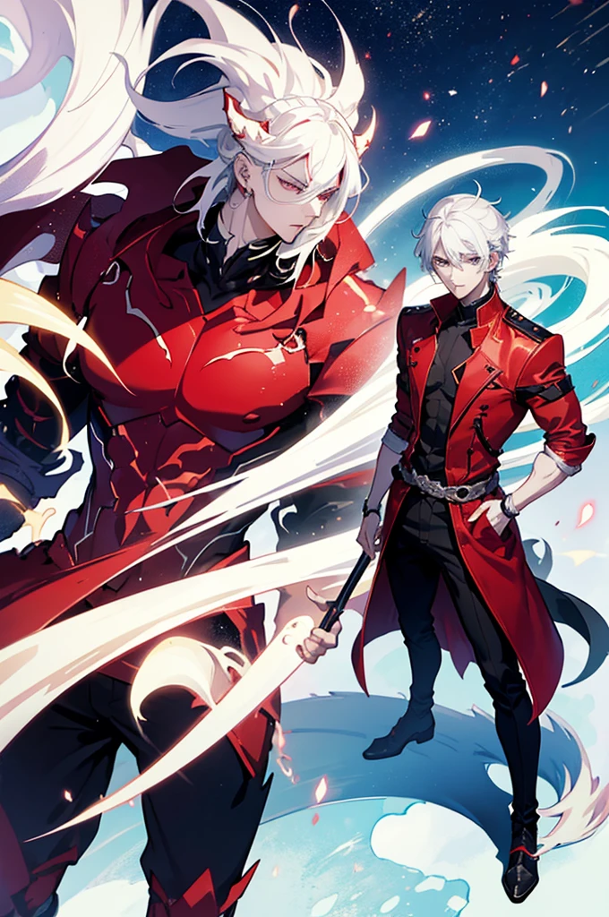 25 years old anime man with white hair, standing at the front of a dragon, hands in pockets,wearing red sleeves, shirt off