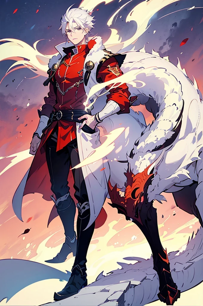 25 years old anime man with white hair, standing at the front of a dragon, hands in pockets,wearing red sleeves, shirt off