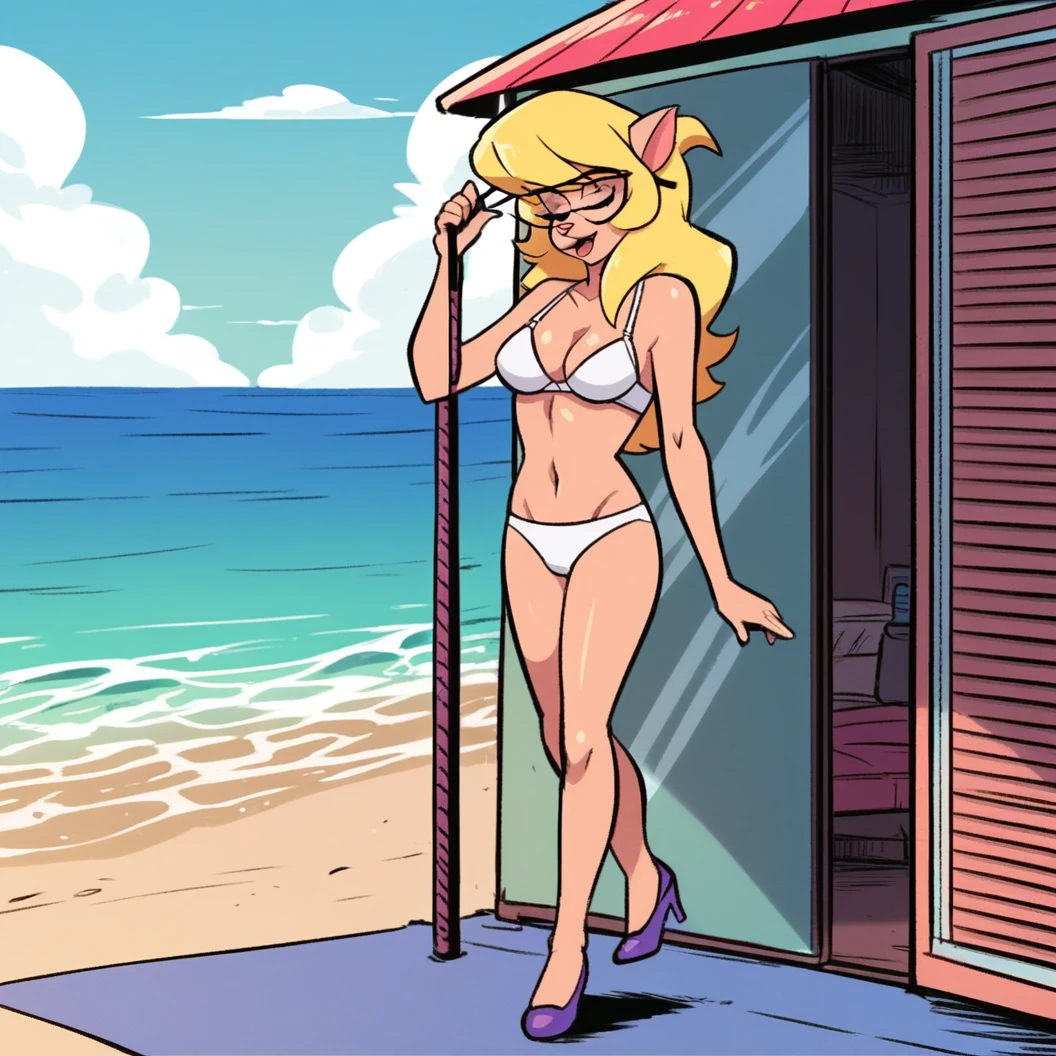 score_9, score_8_up, score_7_up, score_6_up, score_5_up, score_4_up, (Source furry), (rating nsfw), 1girl solo, outdoors, beachfront, glasses, callie briggs, detailed, detailed fur, front view, side view, wiggling her hips, full view, legs, purple heels, white panties, walking, scat-singing, eyes closed, white bra, no skirt, beach, blonde hair, feeling classy