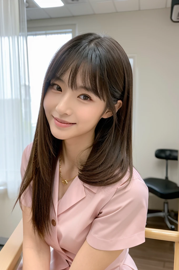 Hospital room, nurse, ((full body)), ((photo)), ((best qualtiy, 8K, tmasterpiece: 1.3)), Focus: 1.2, perfect figure beautiful girl: 1.4, 1girl, cowboy shot, look at viewer, eyes facing the camera, incredibly absurd, beautiful and cute girl with a photorealistic face, showcasing top-quality craftsmanship, Japanese woman taking care of patients in a hospital room, 23 years old, long hair parted in the middle, long layered bangs, silky hair quality, thick and voluminous style, beautiful features, amber eyes, long eyelashes, thin eyebrows, beautiful bridge of the nose, small nose, plump and elegant pink lips, fair skin, high cheekbones, cute smile, clean jawline, beautiful nape, long neck, 163cm height, long limbs, delicate, slender, well-balanced proportions, beautiful C-cup breasts, pink blouse and pink pants nurse uniform, nurse shoes, gold ring and necklace, beautiful, neat, refined, elegant, soothing, pretty older sister, long legs, kind, strong-willed, passionate, proactive, hardworking, gains the trust of those around her, October