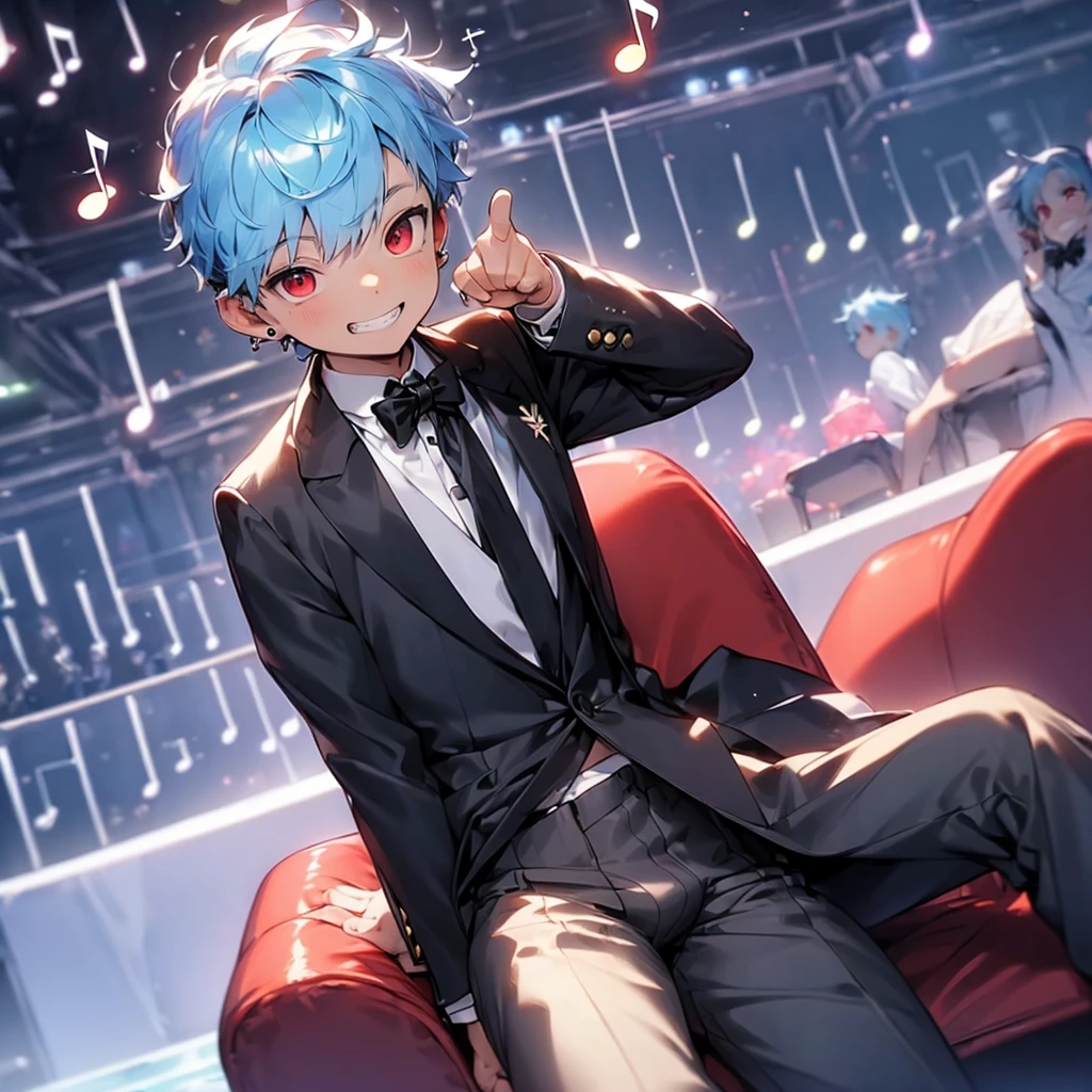 (solo:2.5), (boldline:-1.7), (put index finger on mouth:1.5), (floating musical notes:1.7), (sitting on red chair:1.5), (((fang))), (((best finger))), BREAK (best quality:1.5), (absolutely resolution:1.5), (ultra detailed:1.5), (masterpiece:1.5), (perfect face), (detailed face), (detailed eyes:1.3), (best eyes), (cute face), (shota:2), BREAK (tuxedo:1.5), (bulge:1.6), (skinny:1.3), BREAK (light blue hair:1.5), (spiked hair), (wine red eyes:1.4), (eyes with highlight:1.6), ((mole under eye)), (sweaty skin), (grin:1.5), ((earrings)), (shiny skin:1.3), BREAK (concert hall:1.5), (spot light:1.3), (at concert), (many people), ((wind blowing)), frow below, close up,