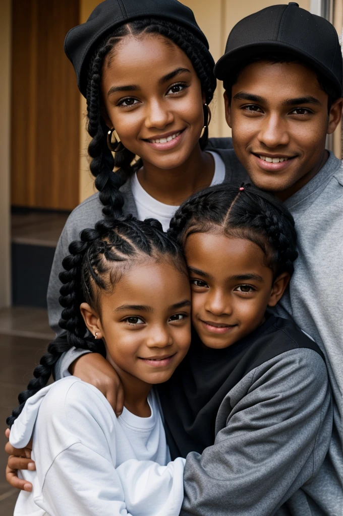 Couple hugging boy with black curly hair, black sweatshirt and medium-dark skin tone, girl with black t-shirt, two braids and white cap, medium-light skin color