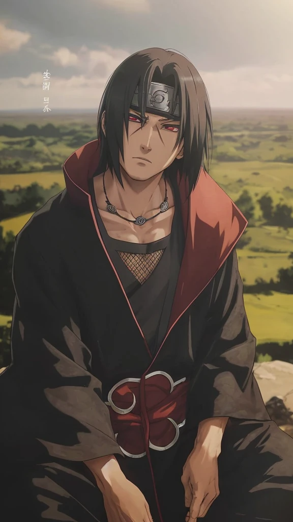 featuring a character from anime/manga with a realistic art style but still maintaining typical Japanese animation elements. This character has long, straight, black hair that falls down to around his shoulders. His hair partially covered his forehead and part of the side of his face. His facial expression looks calm and slightly melancholic, with his eyes looking straight ahead. His eyes are red, with sharp pupils, adding an intense impression to his gaze. There is a vertical mark or scar under his left eye, giving the impression that this character may have had a past full of struggles or battles. He wears a distinctive outfit consisting of a long black robe with red lining and a red cloud motif with white edges, which is characteristic of the Akatsuki organization in the "Naruto" series. Underneath his robe, he wears a gray shirt with a net on the chest. There is a black headband with the Konoha symbol crossed out on the forehead, indicating that he is a missing-nin or a traitor from the village. This character wears a black necklace with a pendant in the shape of round and eye patterns, adding a mystical and mysterious element to his appearance. The background of the image shows a natural scene with green grass and a slightly cloudy sky, creating a contrast to the character's dark appearance. The lighting in this image comes from the right side, providing a soft shadow effect on the character and adding visual depth.
