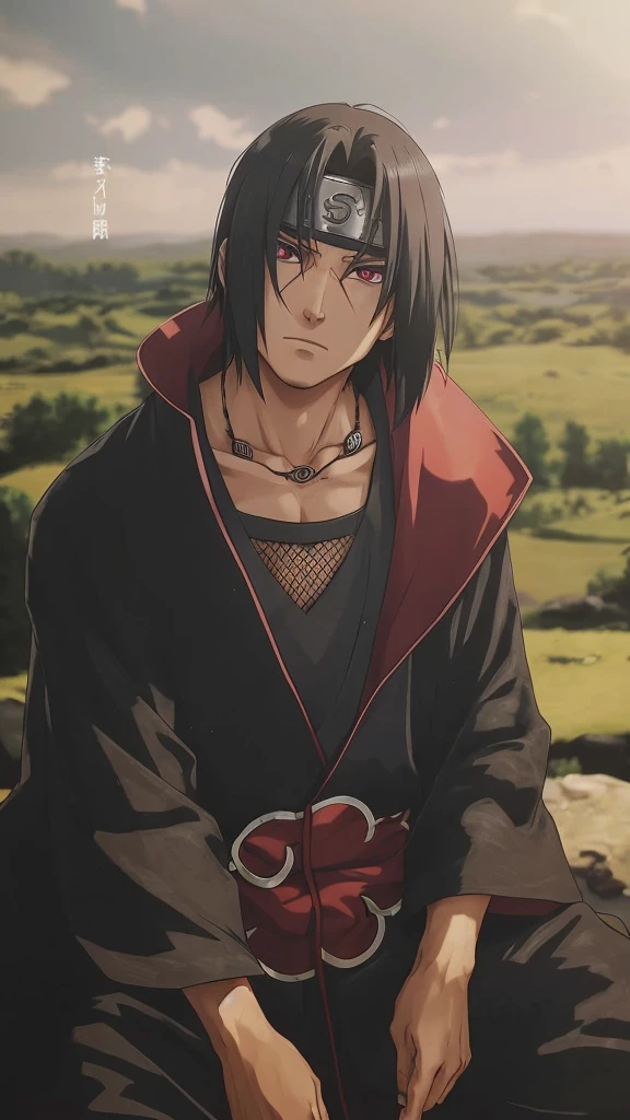 featuring a character from anime/manga with a realistic art style but still maintaining typical Japanese animation elements. This character has long, straight, black hair that falls down to around his shoulders. His hair partially covered his forehead and part of the side of his face. His facial expression looks calm and slightly melancholic, with his eyes looking straight ahead. His eyes are red, with sharp pupils, adding an intense impression to his gaze. There is a vertical mark or scar under his left eye, giving the impression that this character may have had a past full of struggles or battles. He wears a distinctive outfit consisting of a long black robe with red lining and a red cloud motif with white edges, which is characteristic of the Akatsuki organization in the "Naruto" series. Underneath his robe, he wears a gray shirt with a net on the chest. There is a black headband with the Konoha symbol crossed out on the forehead, indicating that he is a missing-nin or a traitor from the village. This character wears a black necklace with a pendant in the shape of round and eye patterns, adding a mystical and mysterious element to his appearance. The background of the image shows a natural scene with green grass and a slightly cloudy sky, creating a contrast to the character's dark appearance. The lighting in this image comes from the right side, providing a soft shadow effect on the character and adding visual depth.