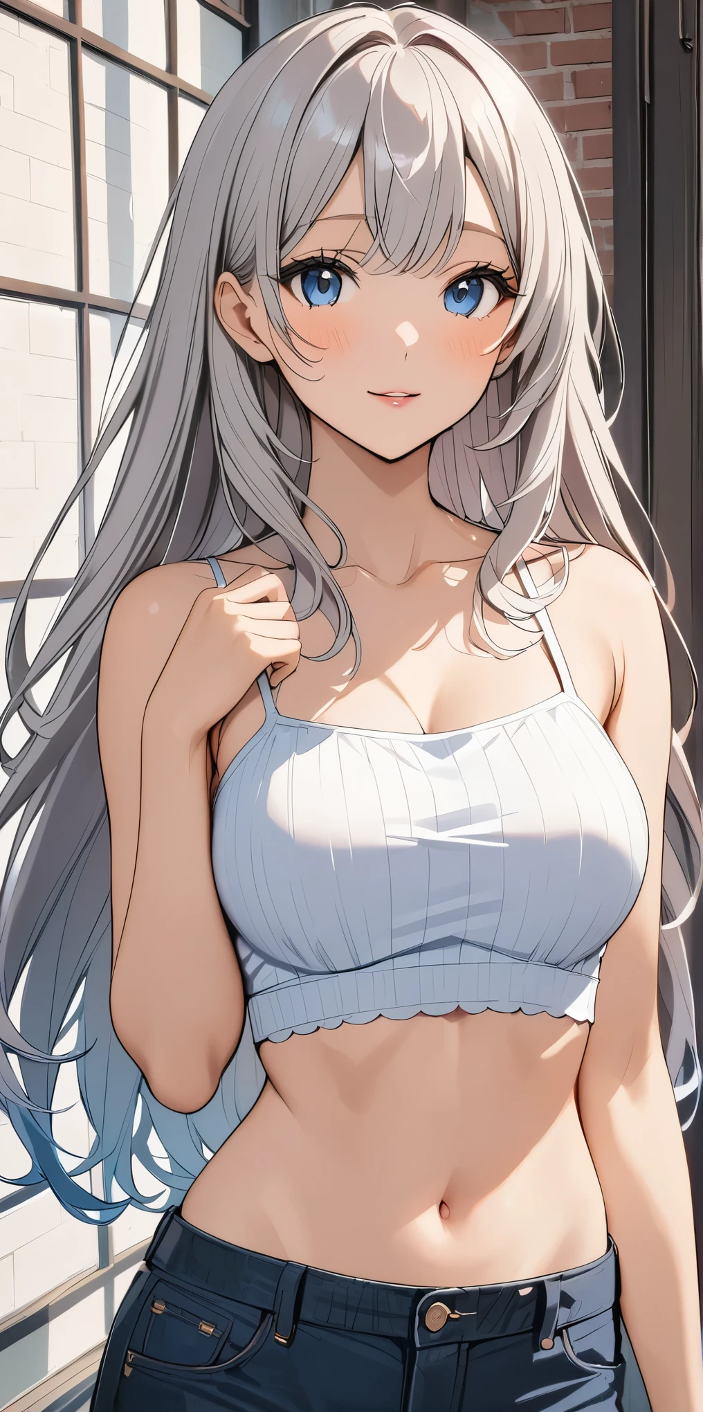  female，silver hair，blue eyes，short camisole，crop shirt，long hair，breast，white，Art， anime，illustration