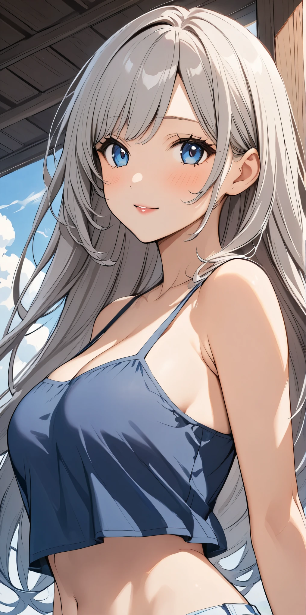  female，silver hair，blue eyes，short camisole，crop shirt，long hair，breast，white，Art， anime，illustration