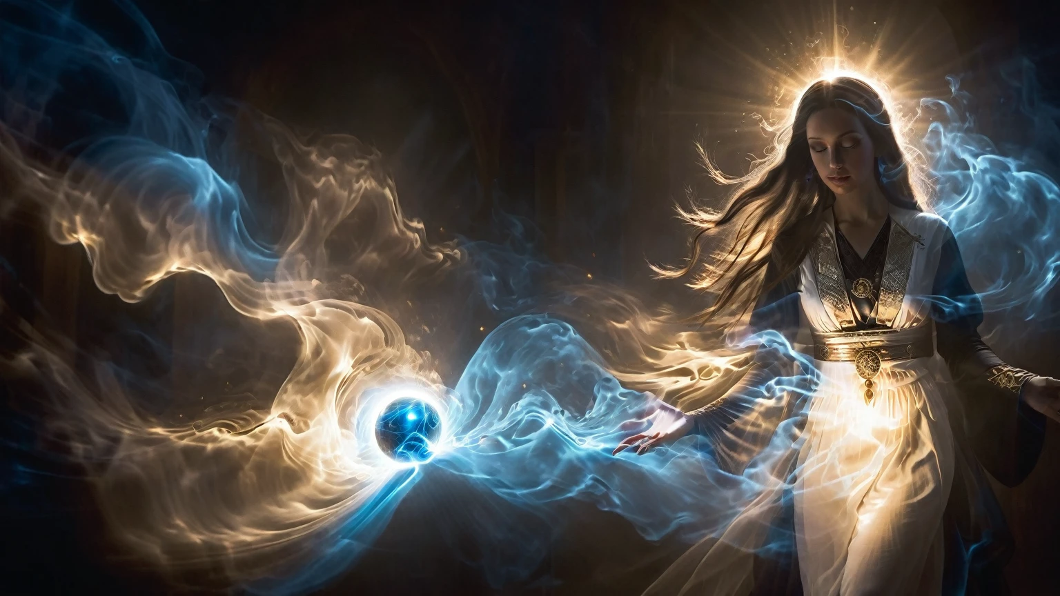 The goddess who controls the light beam, holding a glowing magical ball with beautiful spirit spreading out, backlight, surrealism, godhead, cyber surge, blue-black tones, light shining through the smoke, scattering, refraction, diffuse reflection, tyndall effect, Brownian motion, light beam, dark environment.