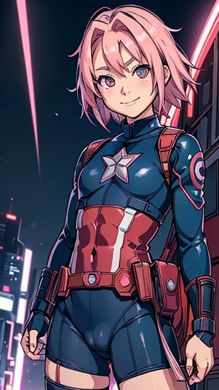 (8k),(masterpiece),(Japanese),(8-year-old girl),((innocent look)),((Childish)),From the front,smile,cute,Innocent,Kind eyes,Flat chest,Hairless vagina, Cameltoe, Haruno Sakura wearing Captain America Costume,Short,Hair blowing in the wind,light pink Hair,Strong wind,night,dark, Neon light cyberpunk city